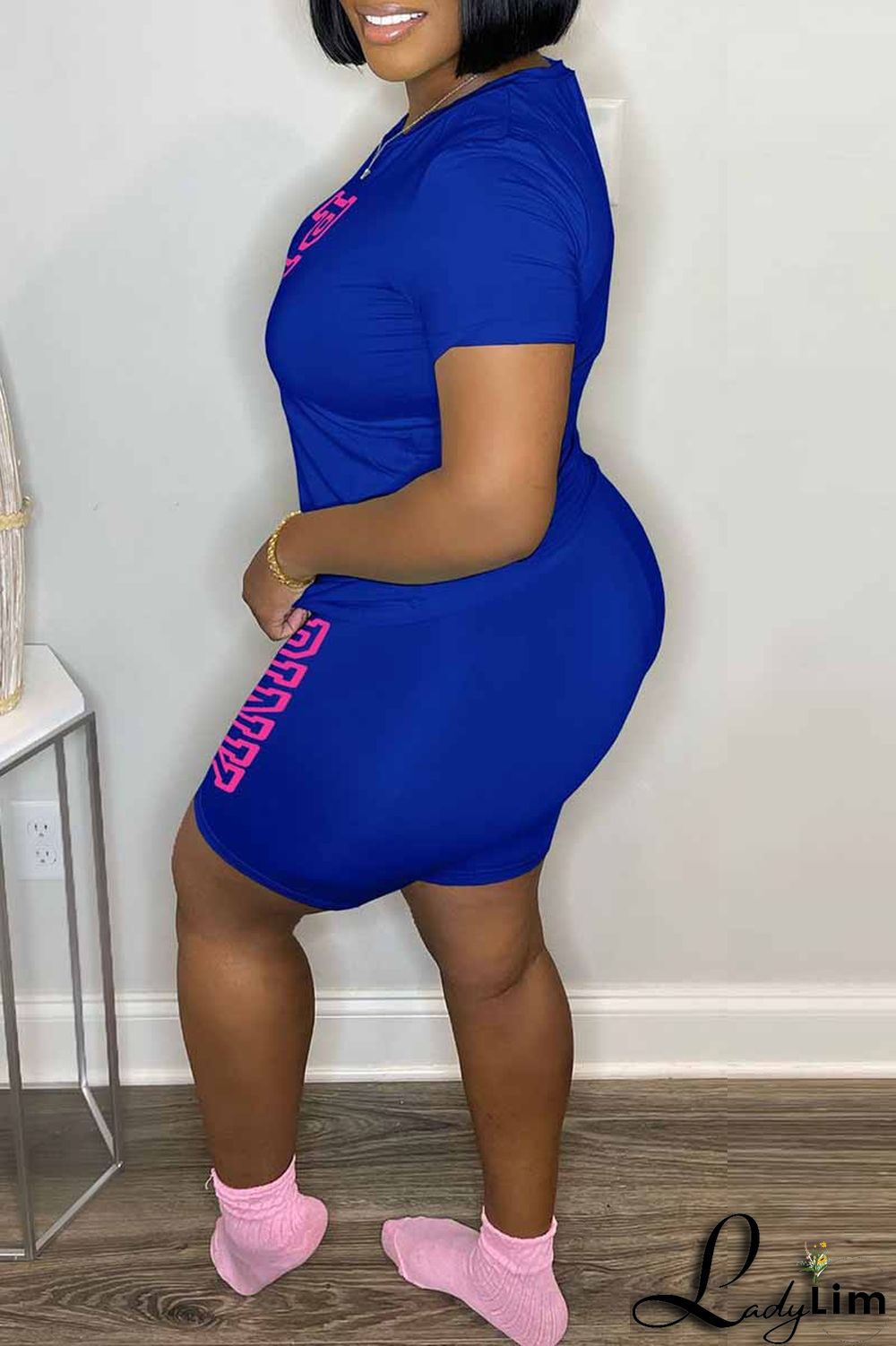 Blue Casual Print Letter O Neck Short Sleeve Two Pieces