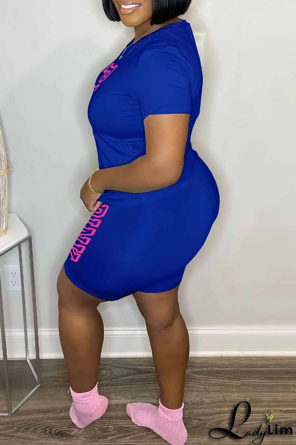 Blue Casual Print Letter O Neck Short Sleeve Two Pieces