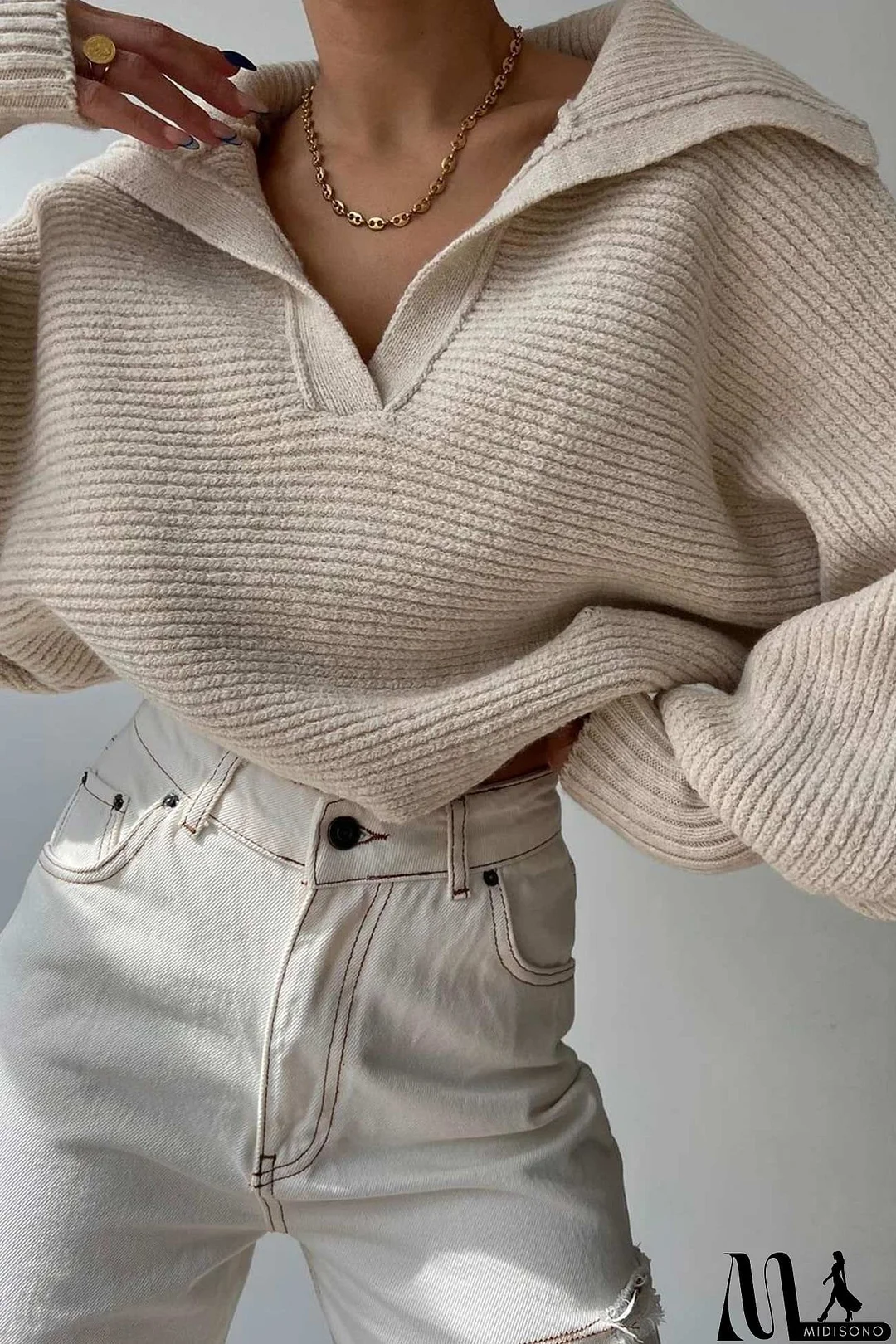 MidiSono - Lapel V Neck Puff Sleeve Sweater