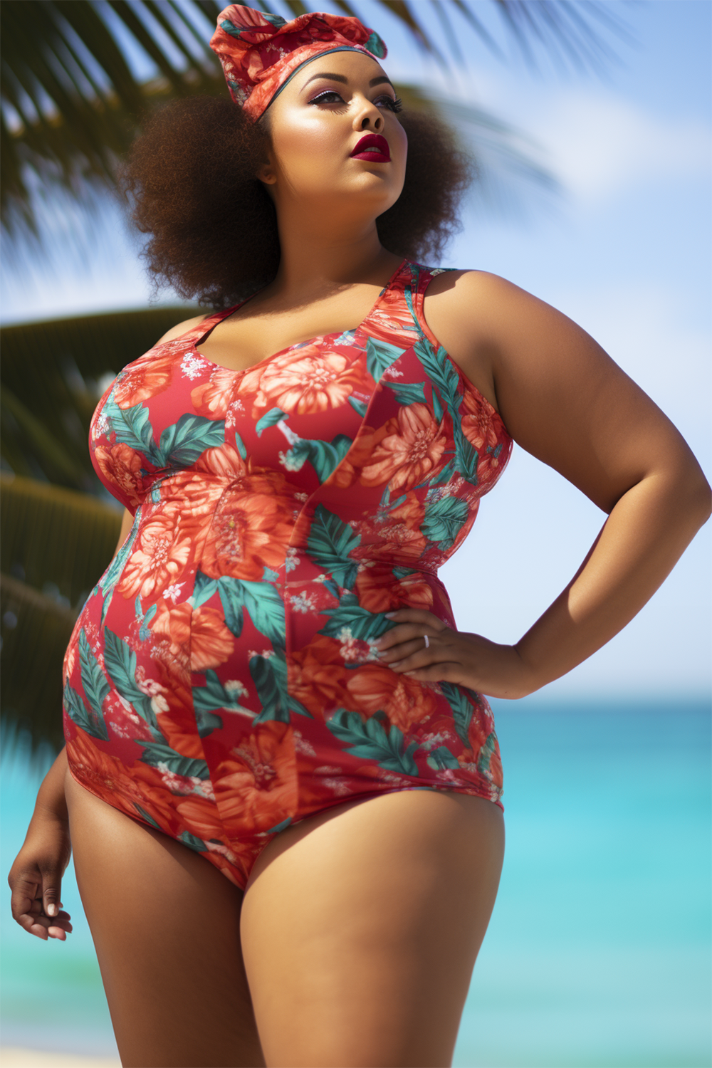 Design Plus Size Beach Red Floral Print Swimsuit Fabric One Pieces Swimwear [Pre-Order]