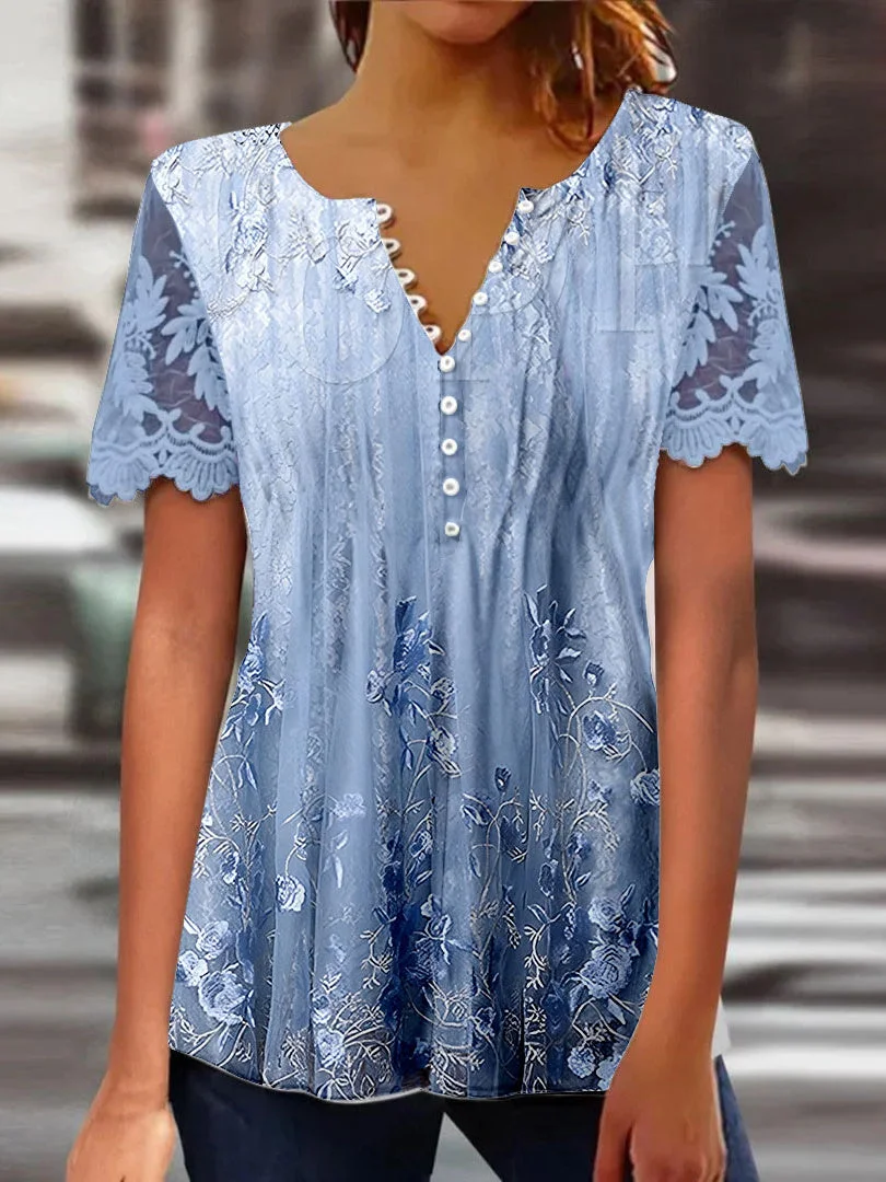 Women Short Sleeve V-neck Floral Printed Printed Graphic Lace Button Tops