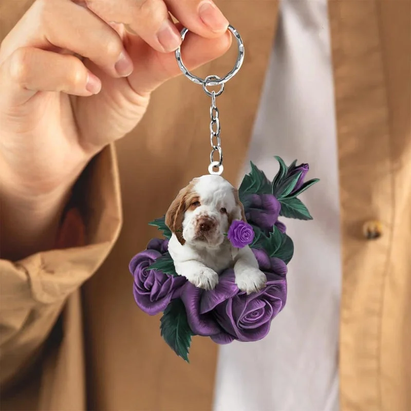VigorDaily Clumber Spaniel In Purple Rose Acrylic Keychain PR099