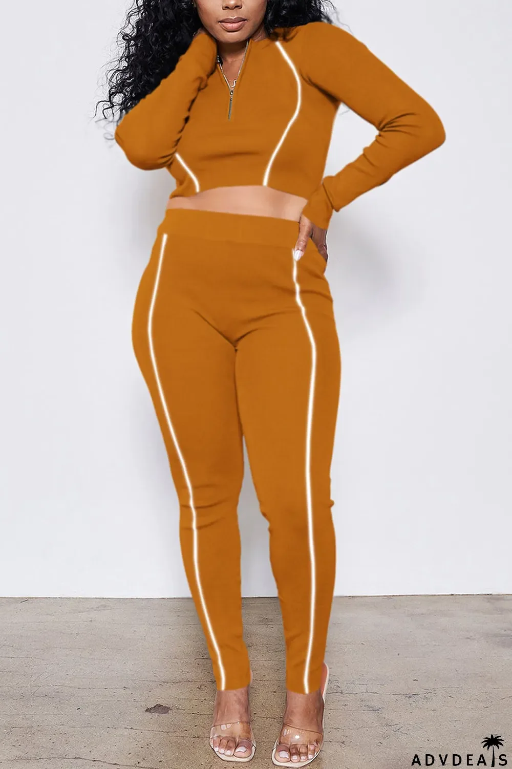 Apricot Casual Sportswear Polyester Fiber Patchwork Solid Split Joint Pants Zipper Collar Long Sleeve Regular Sleeve Short Two Pieces