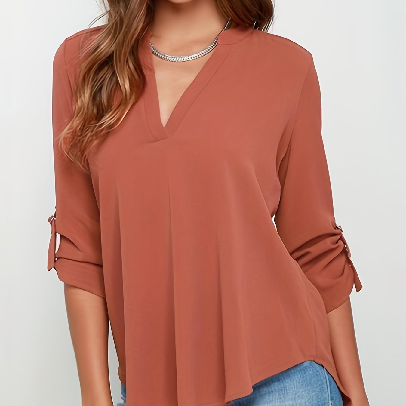 Rollable Sleeve Blouse, Casual V Neck Solid Comfy Blouse For Spring & Fall, Women's Clothing