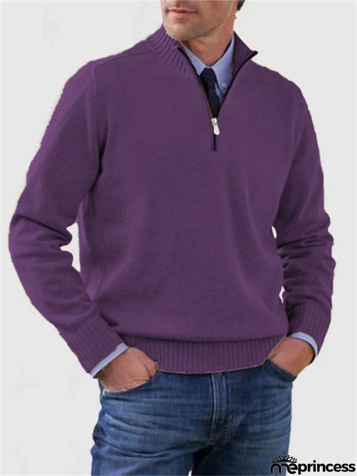 Men's Fall V Neck Half Zip Warm Knit Sweater