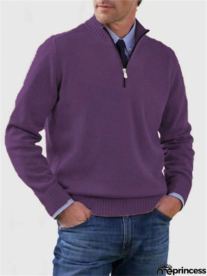 Men's Fall V Neck Half Zip Warm Knit Sweater