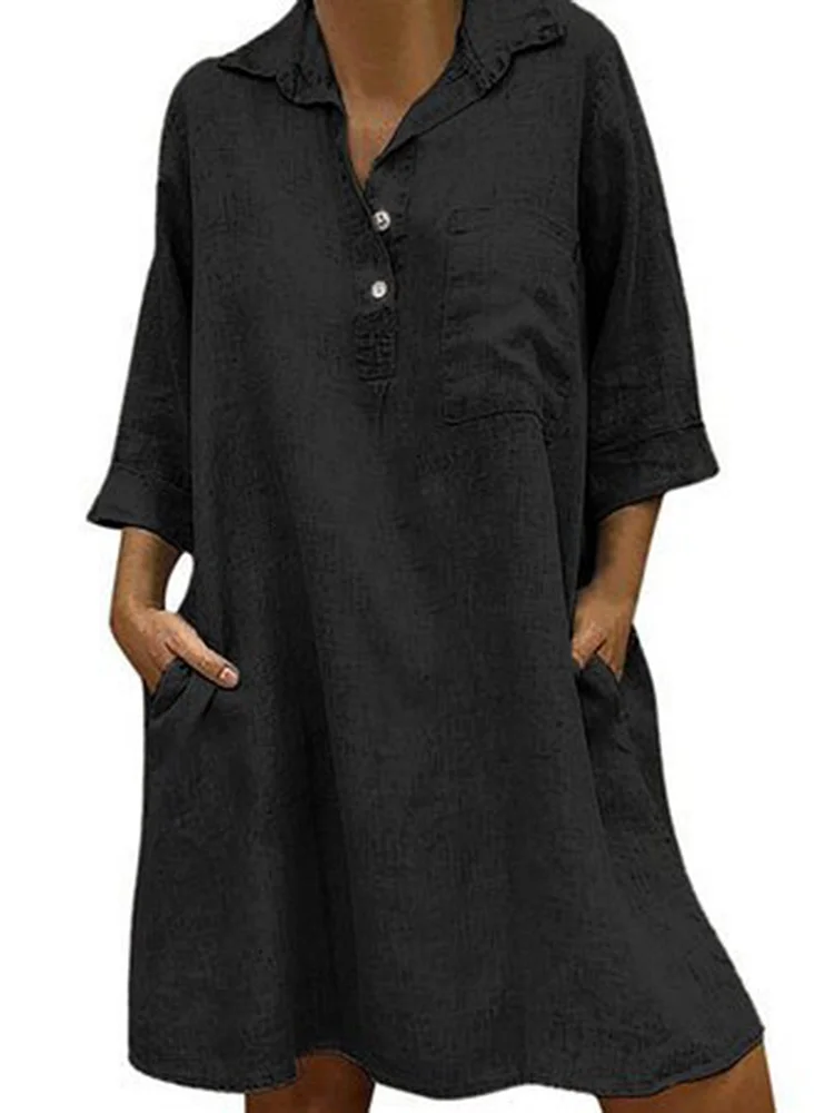 Women Gray Casual Solid Cotton Buttoned Summer Dresses