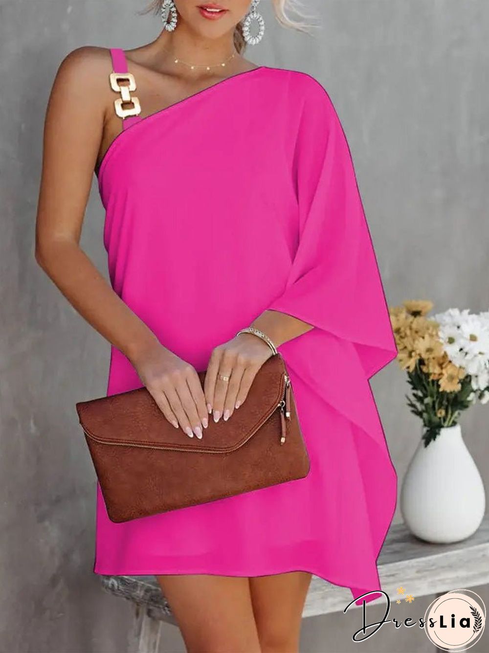 Women'S Dresses Solid Metal Strap Off-Shoulder Doll Sleeve Dress