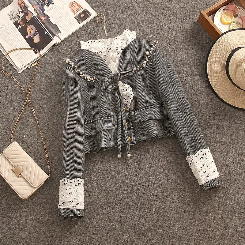 Aiertu Small Fragrant Autumn Sweet Single Breasted Lace Ruffles Jacket + High Waist Pleated Skirt Two Peice Set for Women Matching Sets Aiertu