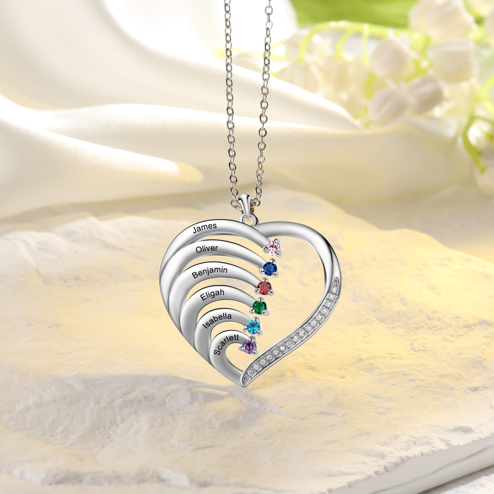 Argento S925 Collana con 6 nomi personalizzati e 6 pietre di nascita in ciondolo a cuore con scatola rosa