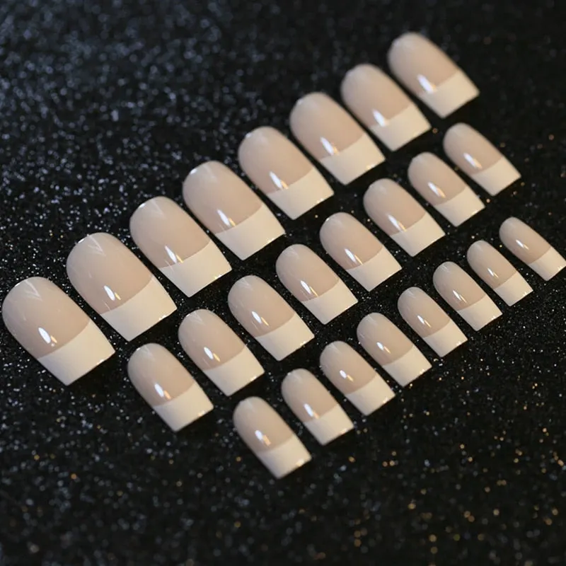 Classical Normal Size French Nail Nude White Tip Glossy Press On Fingernals for daily with glue sticker 24-Nail Inspo