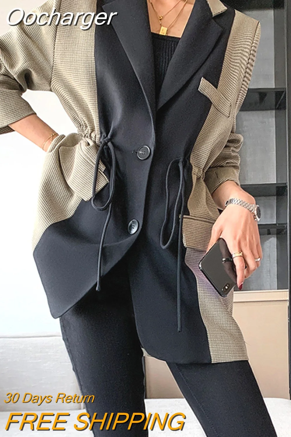 Oocharger Hit Color Blazers For Women Lapel Long Sleeve Patchwork Pocket Drawstring Casual Blazers Female Spring Clothing New