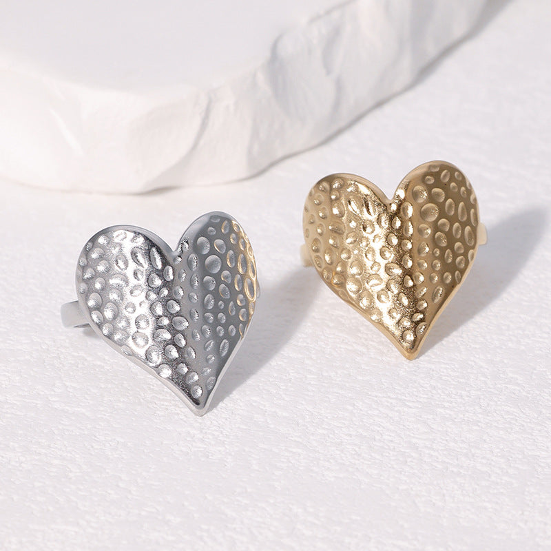 Fashion Hammer Pattern Heart-Shaped Index Finger Ring Personality Niche Cute Sweet Simple Stainless Steel Ring