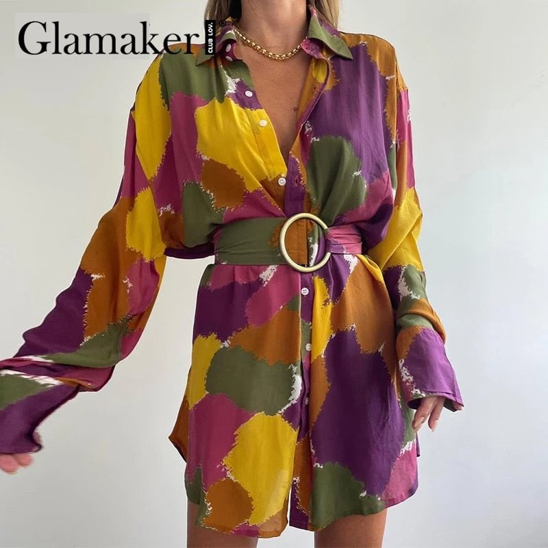 Glamaker Floral print long sleeve shirt dress Women A line holiday beach sexy short casual dress Elegant with belt dress 2021new