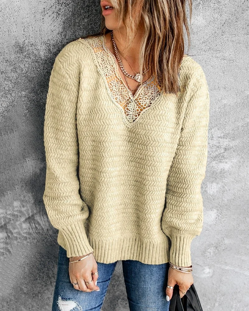 V-Neck Lace Patch Long Sleeve Sweater