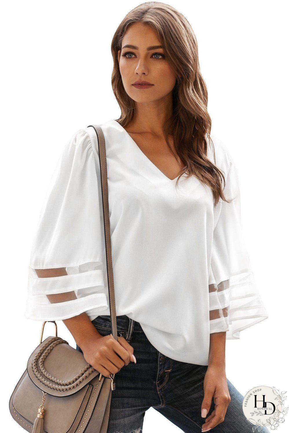White Flare Sleeve V Neck Sheer Insert Blouse