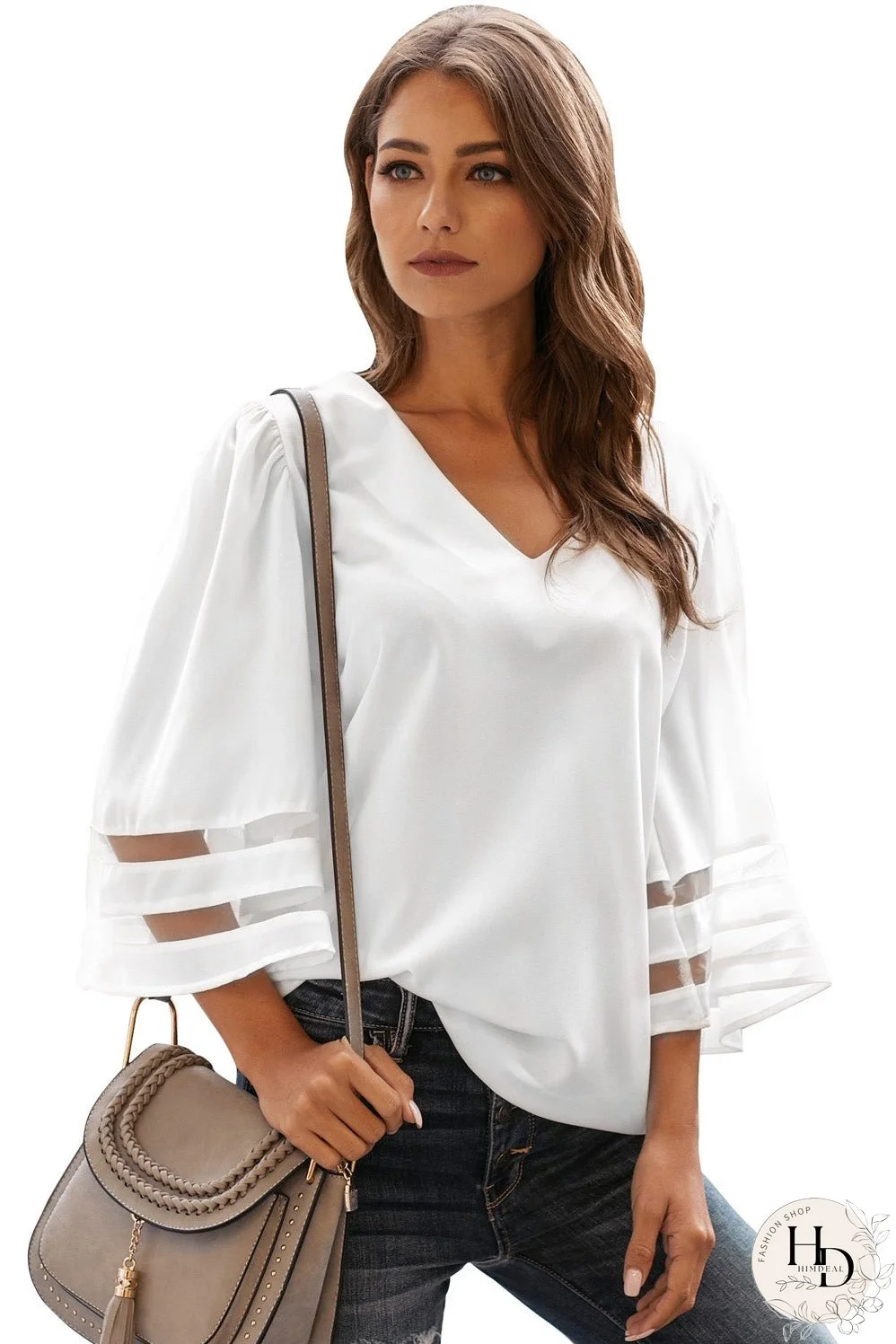 White Flare Sleeve V Neck Sheer Insert Blouse