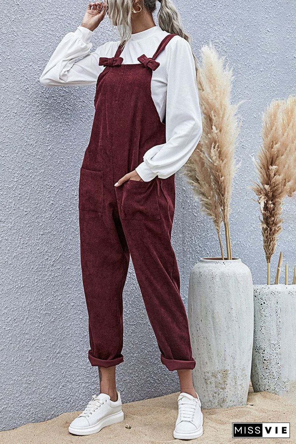 Solid Bowknot Double Pockets Overall