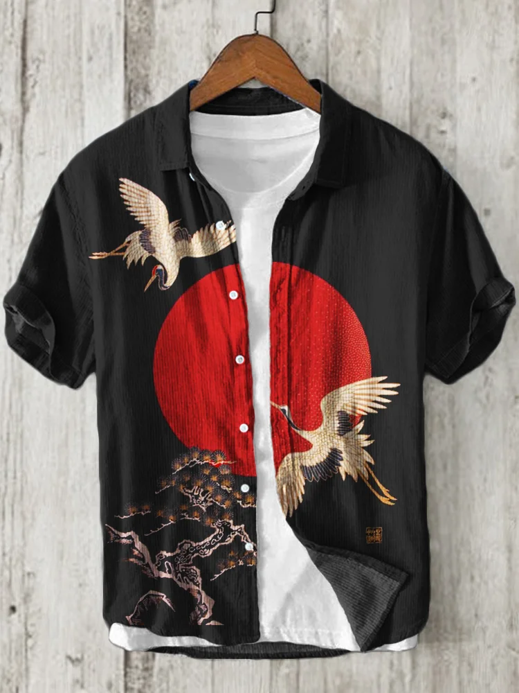 Cranes & Pine Trees Sunrise Japanese Linen Blend Shirt