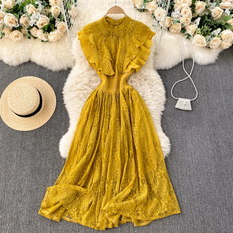 Croysier Dresses For Women 2022 Elegant Office Lady Ruffle Lace Dress Summer Clothes Sleeveless Round Neck Vintage Midi Dress