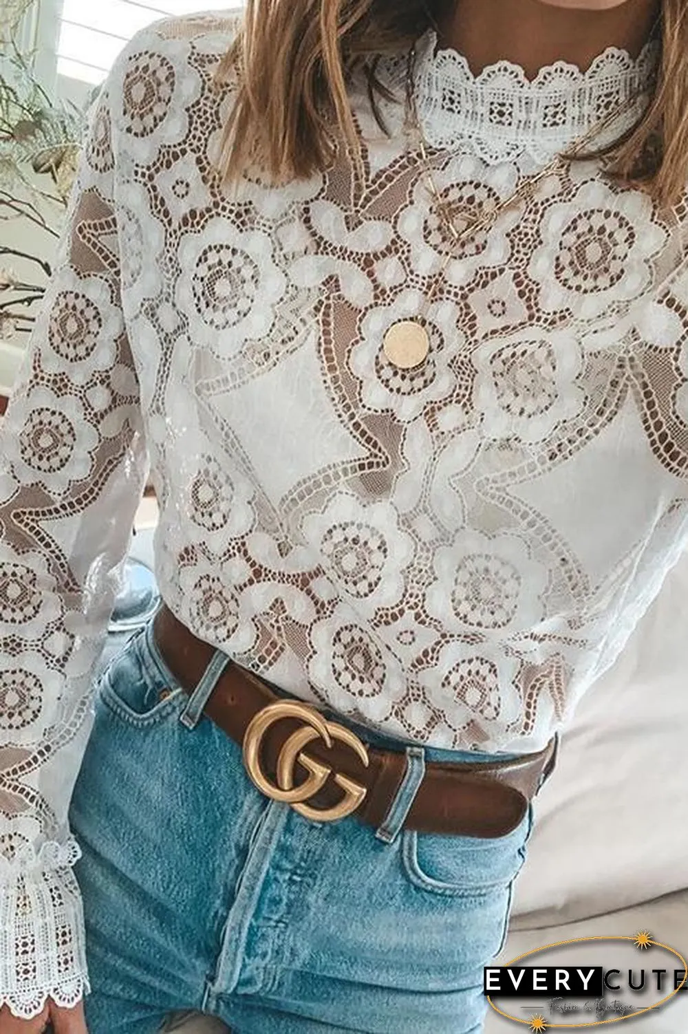 Lace Hollow Puff Sleeve T Shirt