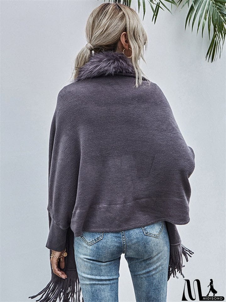 MidiSono - Elegant Lady Fur Collar Tassel Design Batwing Sleeve Cardigan Shawl Sweaters