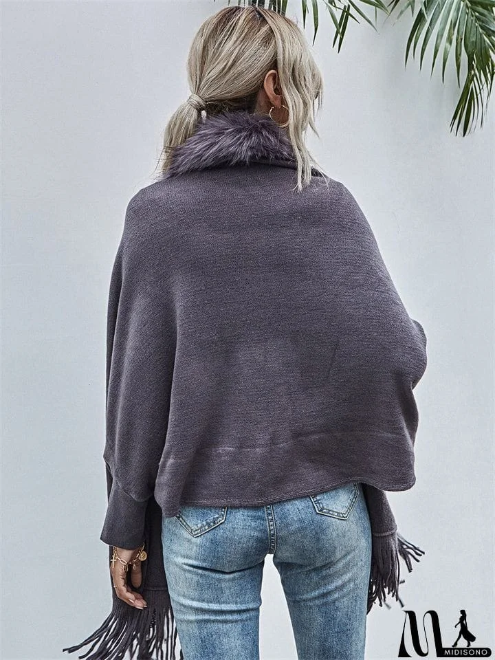 MidiSono - Elegant Lady Fur Collar Tassel Design Batwing Sleeve Cardigan Shawl Sweaters