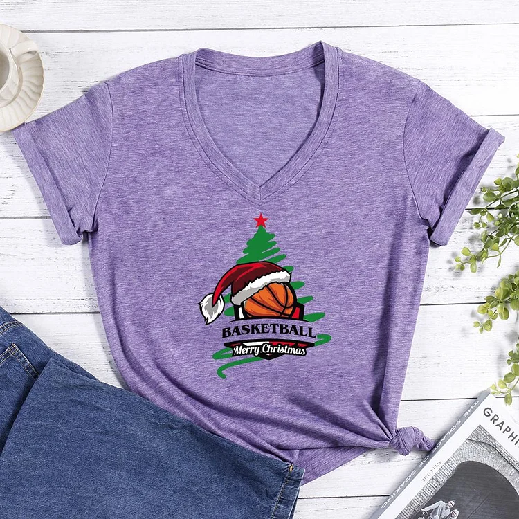 Basketball Christmas Tree V-neck T Shirt-Annaletters