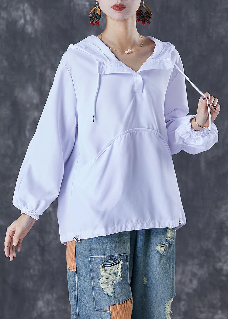 Classy White Hooded Wrinkled Cotton Sweatshirts Top Fall