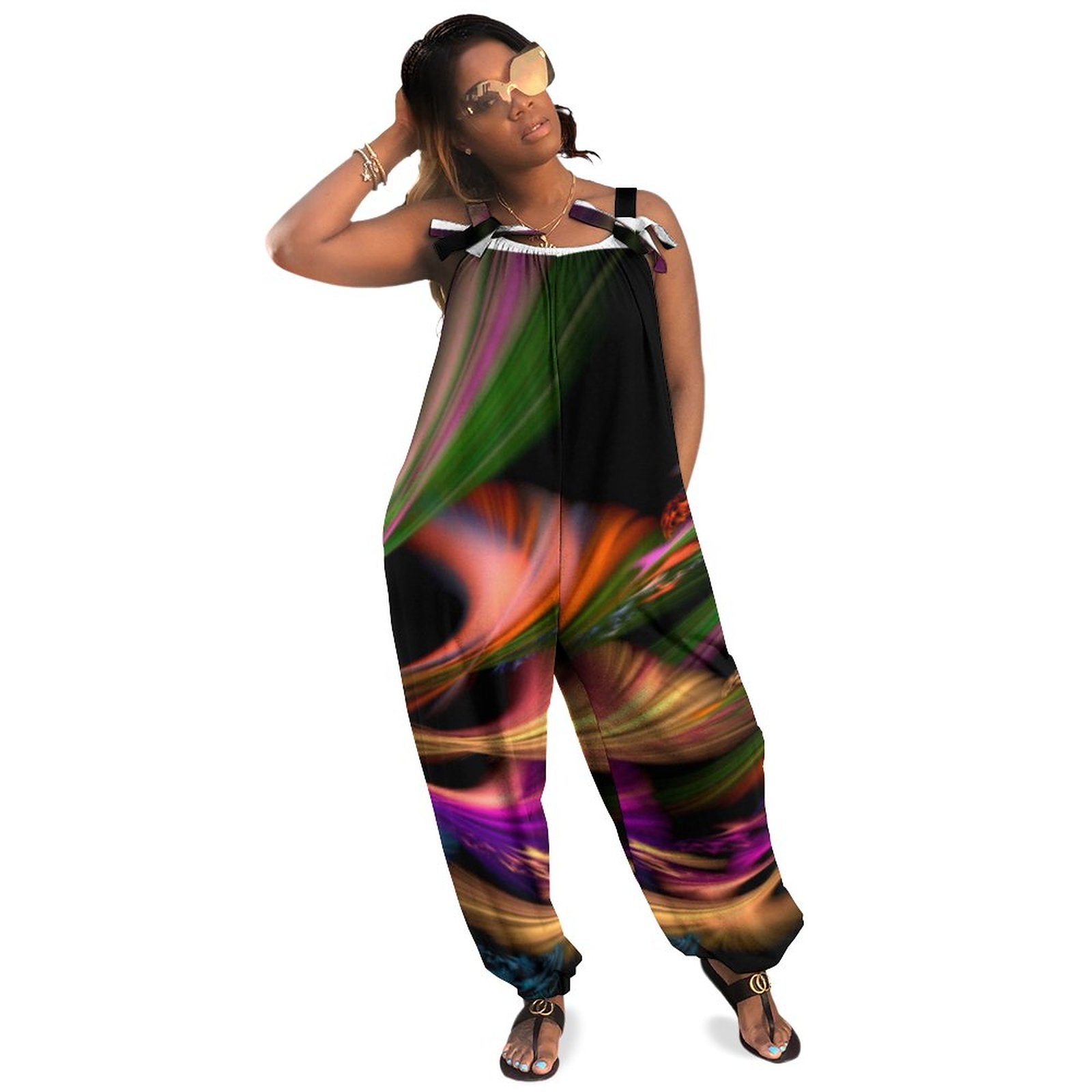 Women Plus Size Jumpsuit Summer Loose Harem Pants Neon Swirls Pattern Beautiful Summer Jumpsuits Mother of the Bride Boho Casual Long Length Polyester Spandex