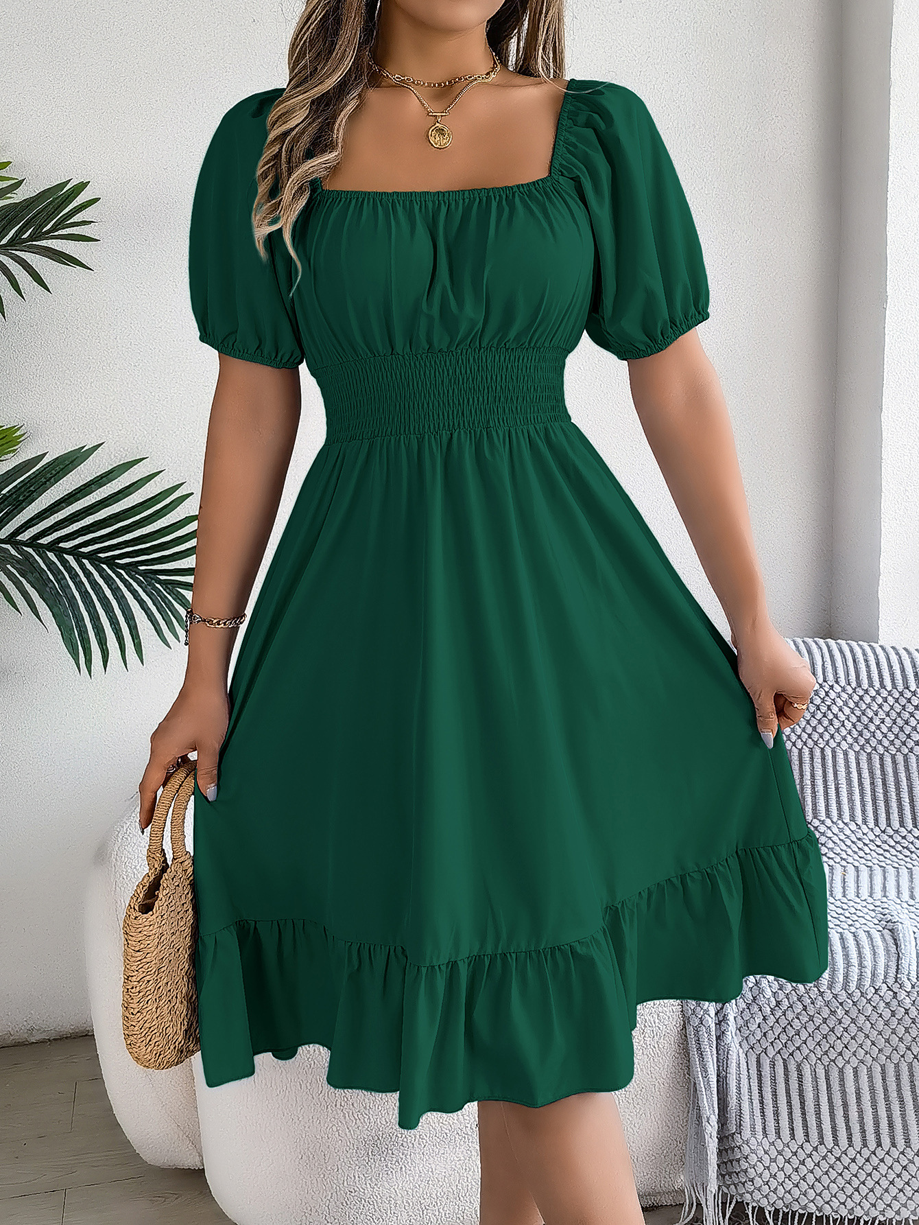 Repotas Elegant Women Spring Summer Mini Dress Puff Sleeve A Line Vestidos Square Neck Tie Waist Ruched Casual Solid Party Short Dresses