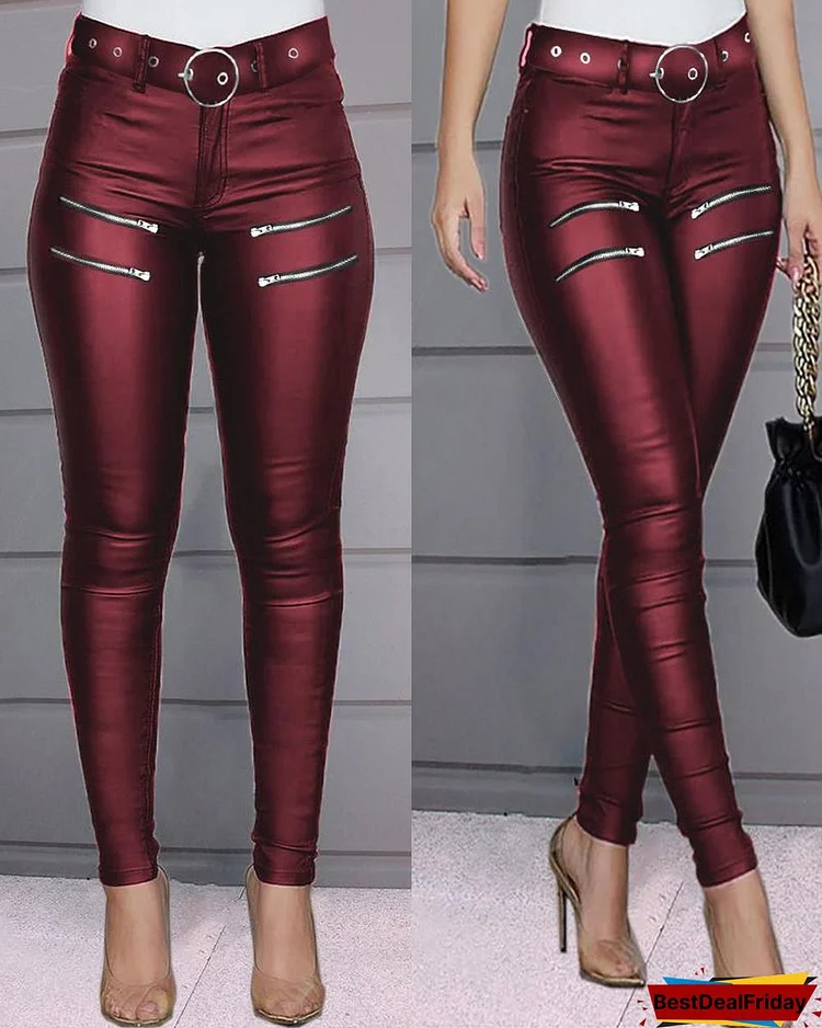Zipper Design High Waist Skinny Pants P2380807241