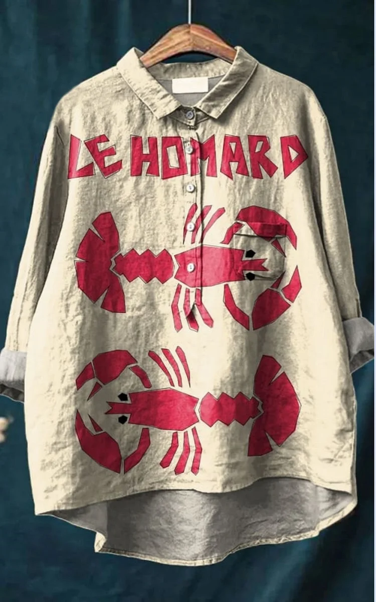 Vintage Lovely Lobster Pattern Art Print Casual Cotton And Linen Shirt