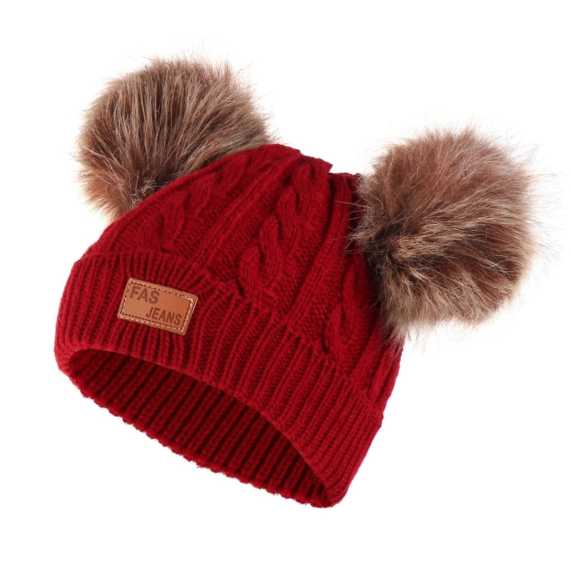 Autumn And Winter Children’s Thickened Wool Hat Ear Double Hair Ball Warm Ear Protection Knitted Hat Set With Standard Solid Color Hat