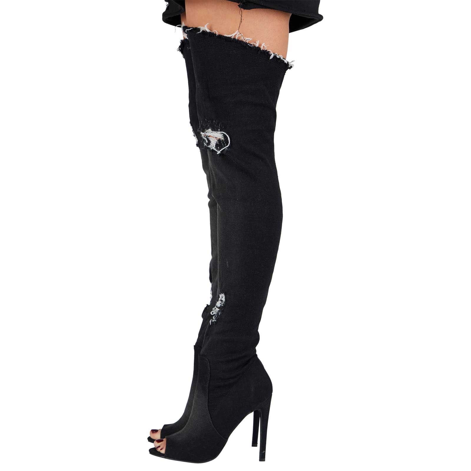 GOOSHOE Black Denim Over-The-Knee Peep Toe Stiletto Heel Boots