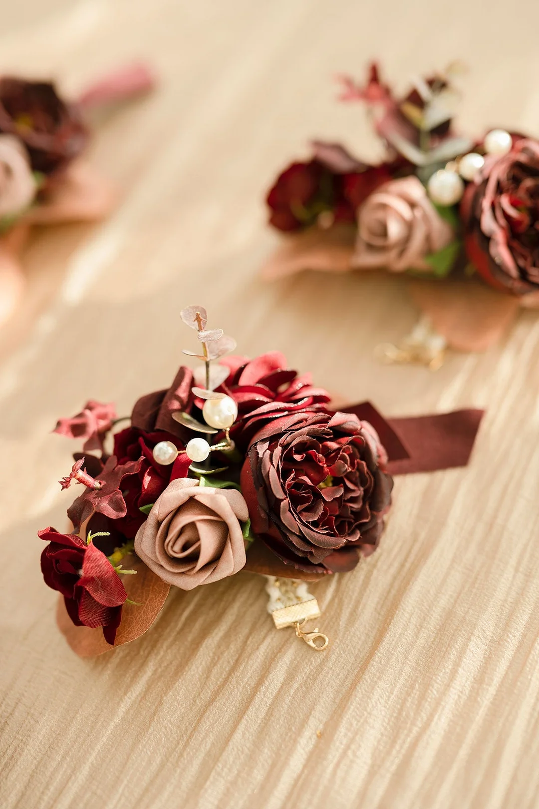 Wrist Corsages in Burgundy & Dusty Rose