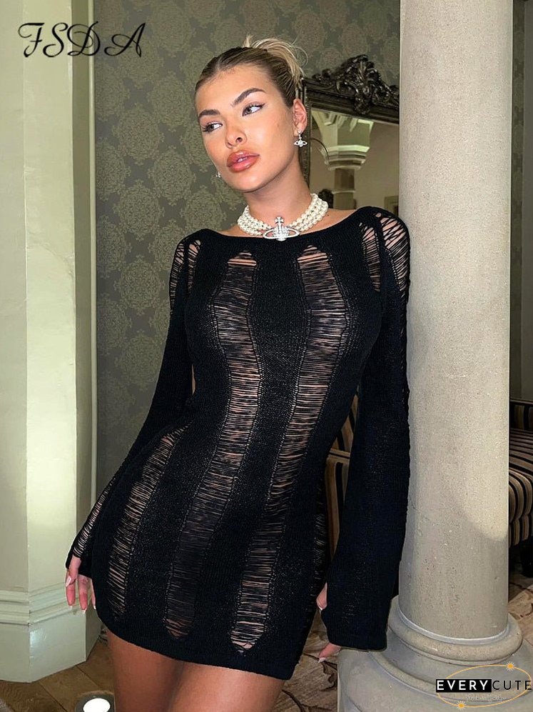 Tassel Womens Dress Backless Black Long Sleeve Summer Y2K Mini Beach Bodycon Sexy Party