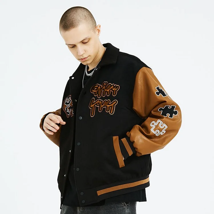 Embroidered Letters Leather Sleeve Men's Vantage Baseball Varsity Jackets at Hiphopee