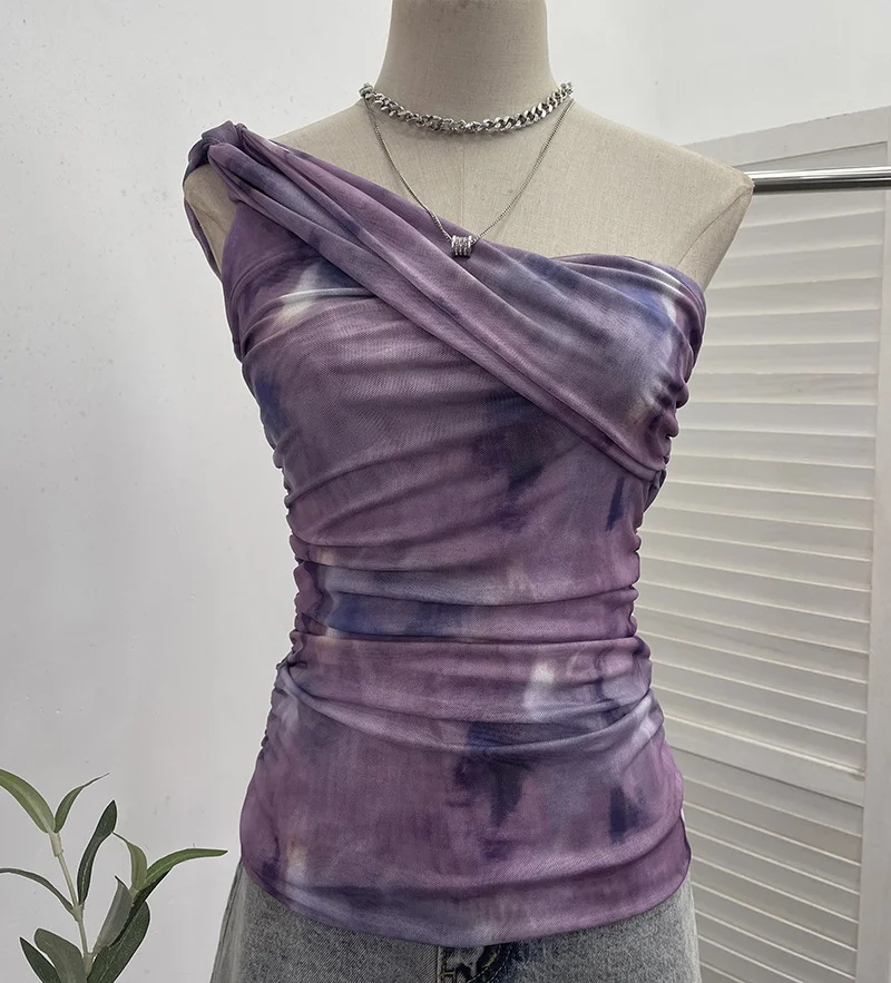 Churchf Net Yarn Printed Slanted Shoulder Sling Vest Retro Design Folding Temperament Short Blouse 8009