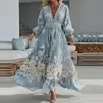 Women's Vintage Blue Rose Embroidery Long Sleeve Casual Maxi Dress - Image 2