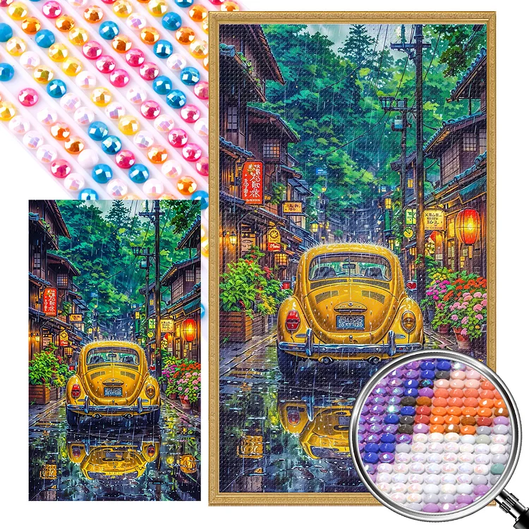 Yellow Car On The Street In The Rain 40*70CM (Canvas) AB Full Round Drill Diamond Painting gbfke