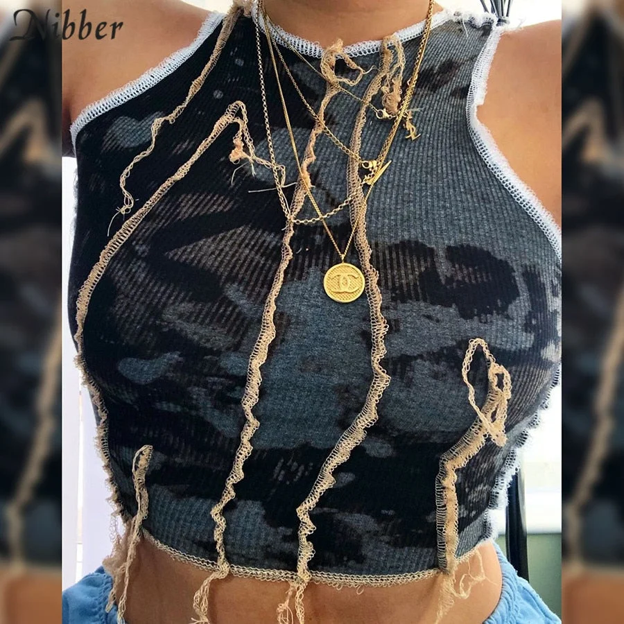 Nibber bodycon Tie-dye casual tank top female Gothic street Patchwork camisole summer club sleeveless knitting crop tops femme