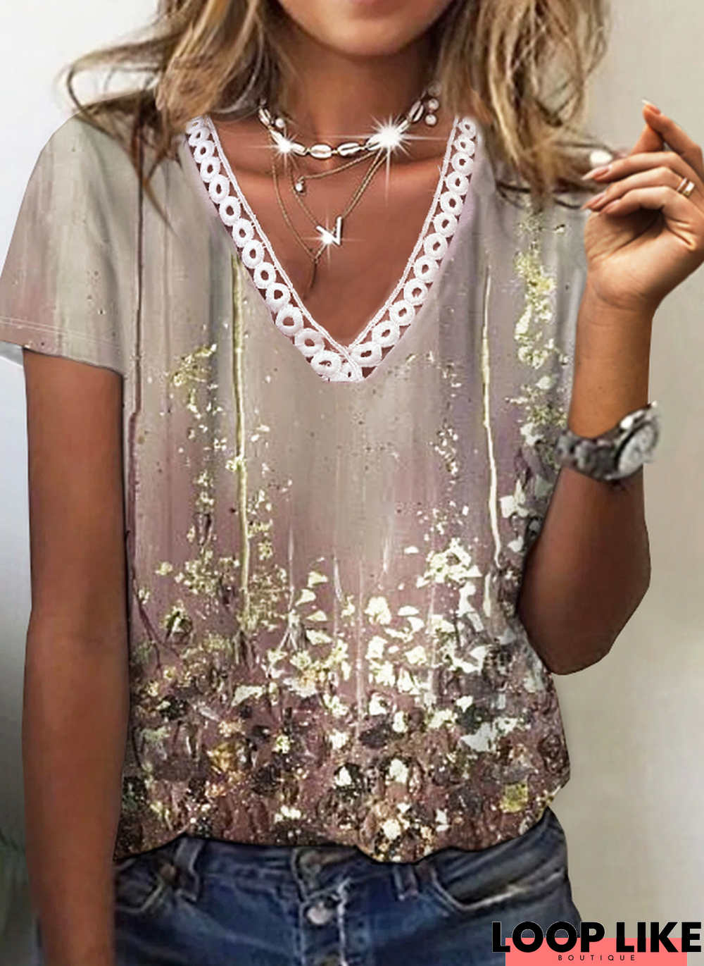 V Neck Floral Printed Jersey T-Shirt