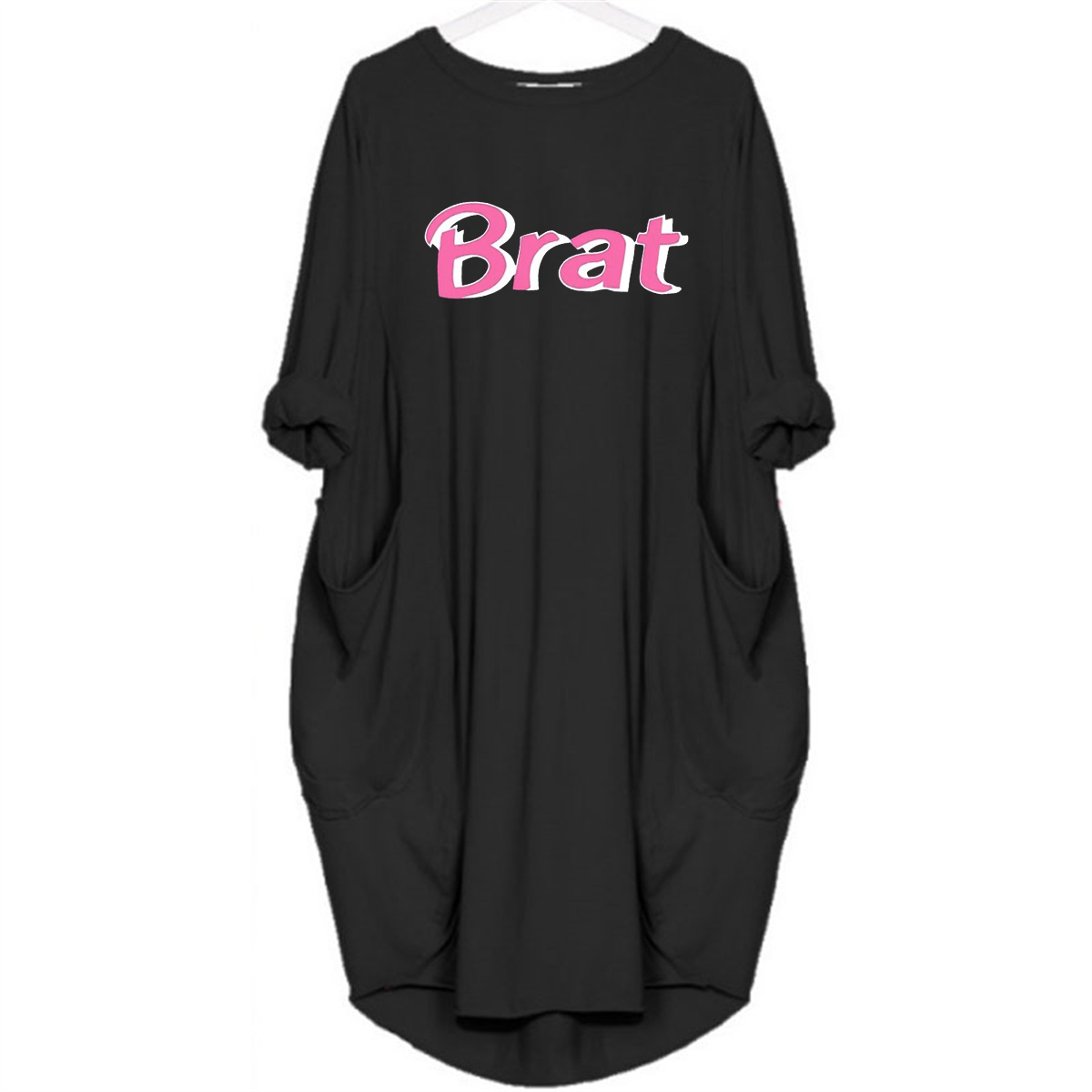 Women's Brat letter print loose long sleeved round neck pocket spring and autumn plus size casual dress