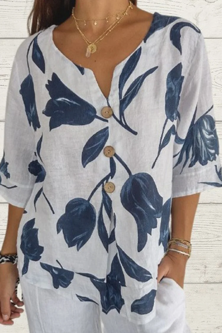 Half Sleeve V Neck Button Up Tulip Printed Linen Casual Top