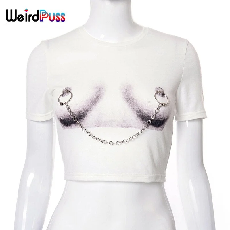 Weird Puss Print Chain Crop Top Women Summer Casual Skinny Short Sleeve T Shirt Wild Streetwear Stretchy Sporty Waistless Tee