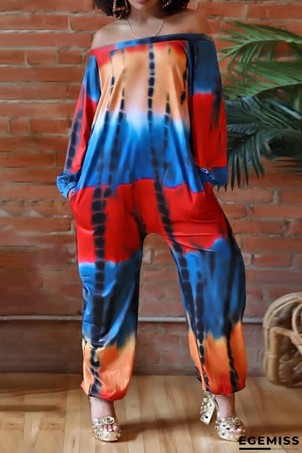 Colour Casual Print Patchwork Off the Shoulder Plus Size Jumpsuits | EGEMISS