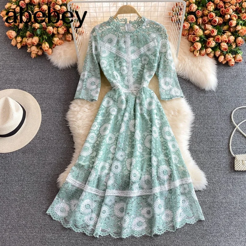 2023 New Summer Vintage stand collar long sleeve Dress embroidery hollow out lace high waist pleated mid-length A-line Dress