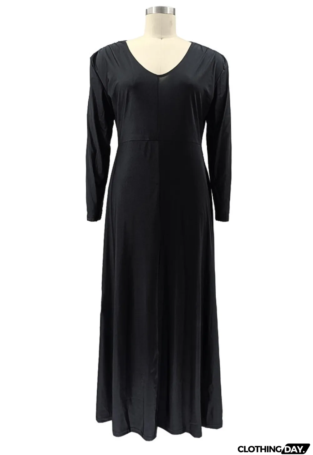 Autumn Black V-Neck Long Sleeves Plus Size Maxi Dress