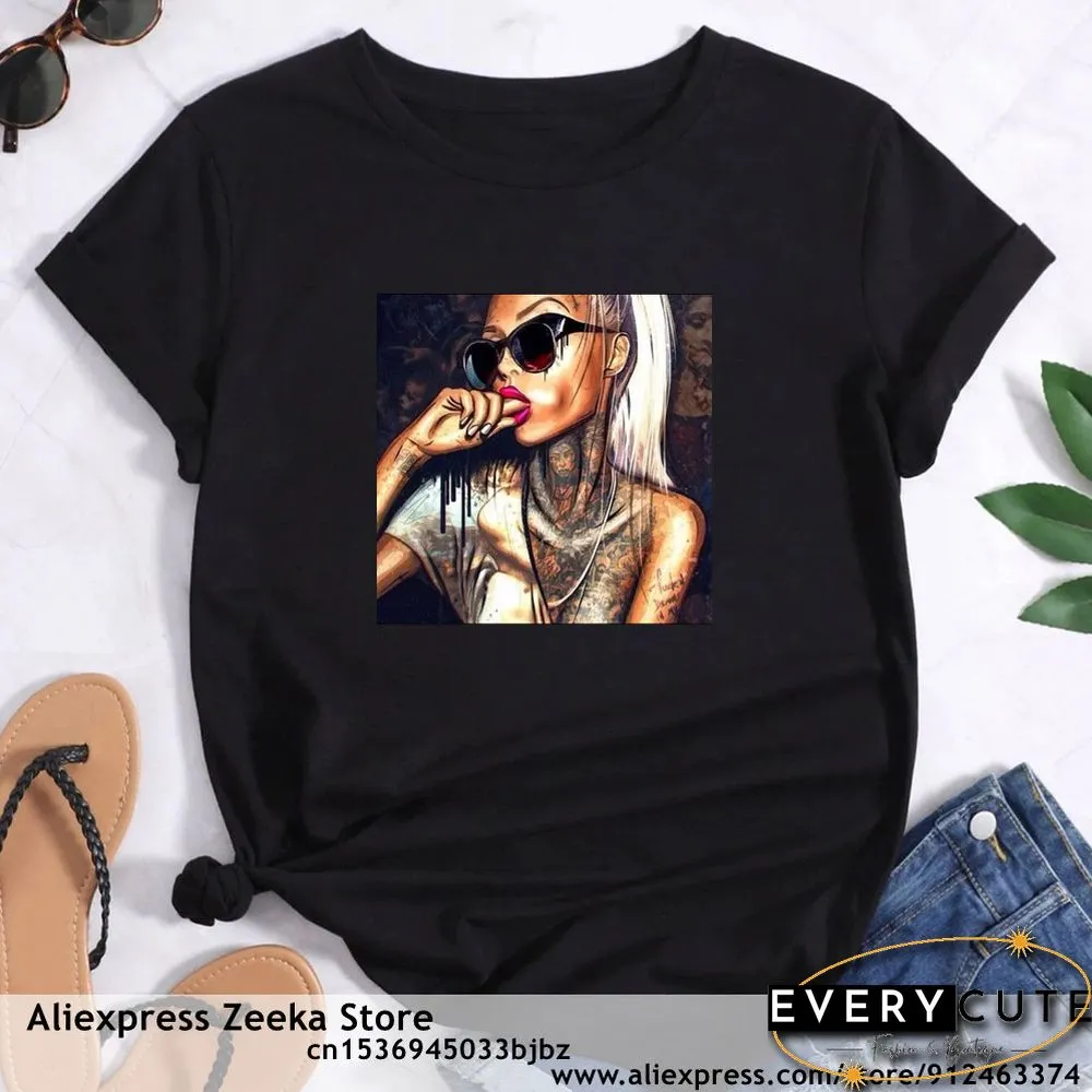 Womens Traveling Fun Print Tee-Shirt for Girls Y2K Harajuku Basics Collar White Shirt